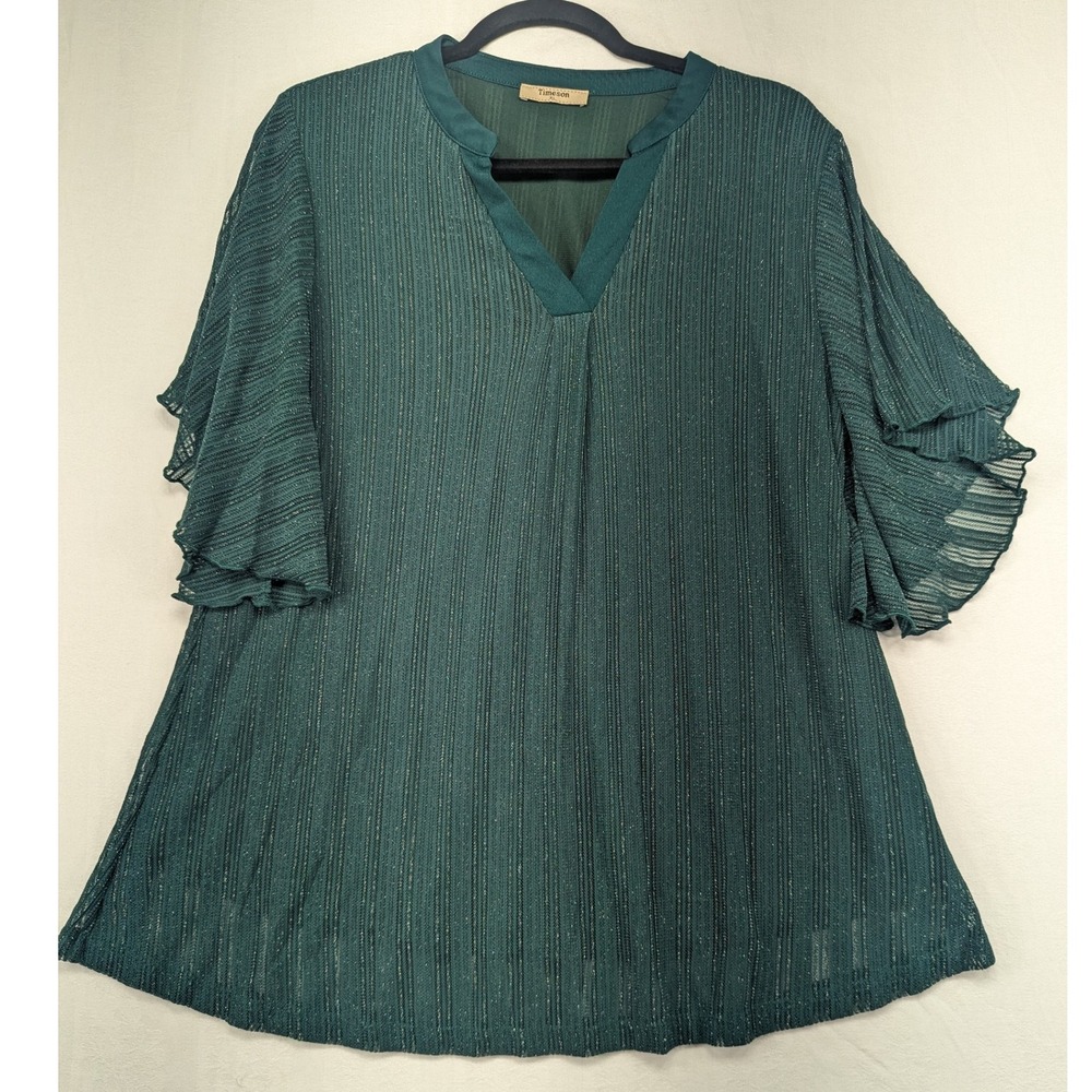 Timeson Womens Top XL Green Sheer Sparkle Ruffle Sleeve V‎ Neck Blouse